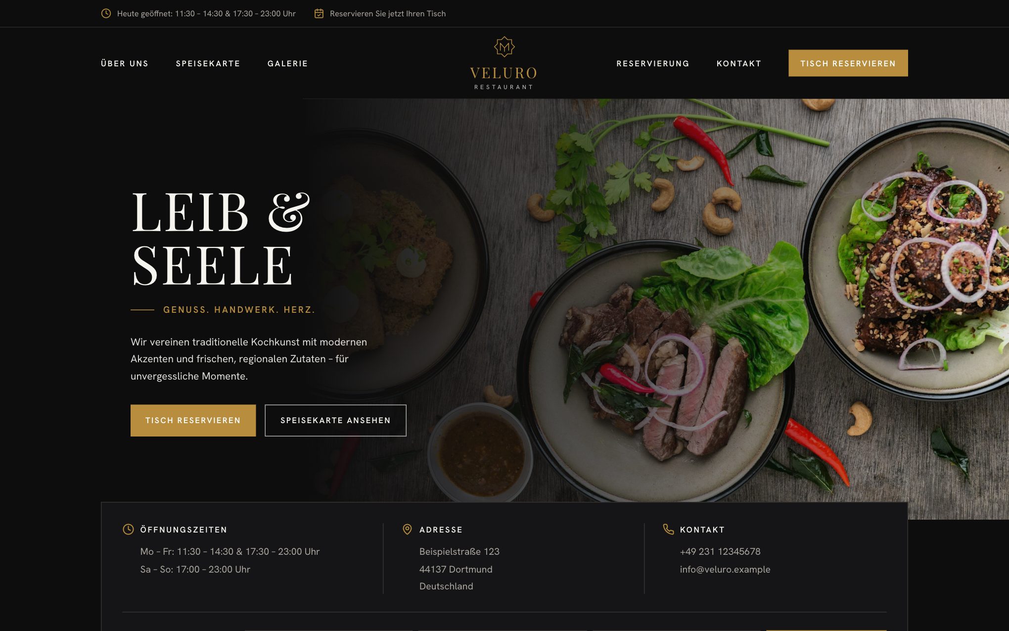 Beispiel-Website eines Restaurants im dunklen Design