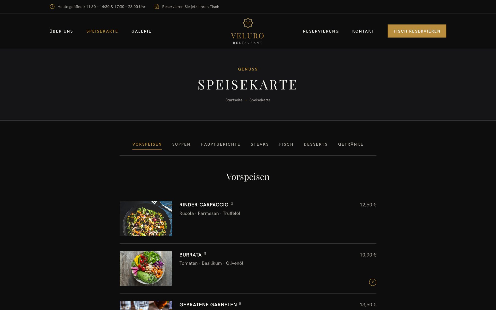 Speisekarte auf der Website